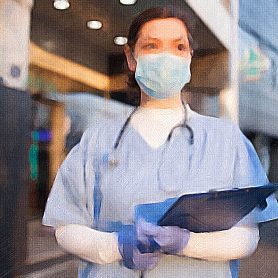 A nurse wearing a mask with a clipboard